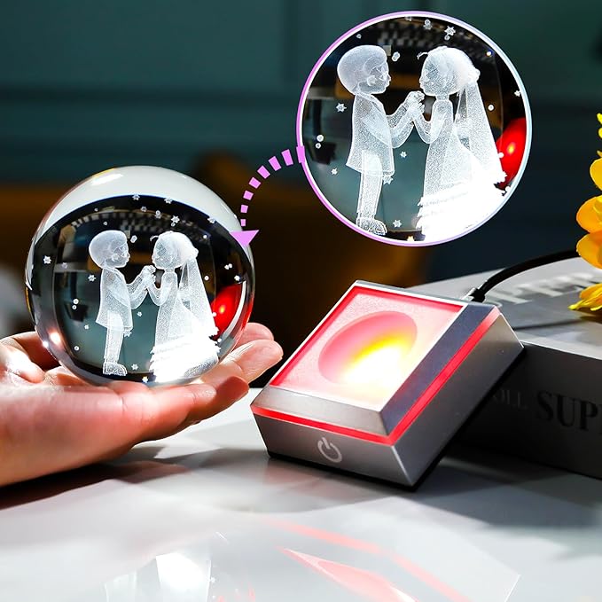 3D Crystal Ball Engraved Wedding Couples with LED Light Base 3.15'' - Gifts for Bride and Groom, Friend, Sister - Married Anniversary Presents for Partner Sweet Newlyweds Home Decor