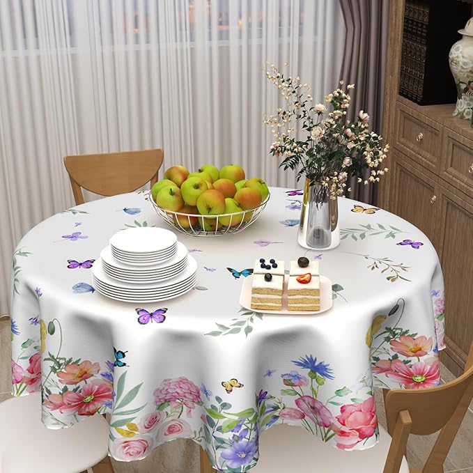 Spring Flower Tablecloth Round 60 Inch Spring Floral Tablecloths Watercolor Butterfly Flower Table Cloth Round Farmhouse Wildflowers Tablecloths Washable Table Cover for Indoor Outdoor Table Decor