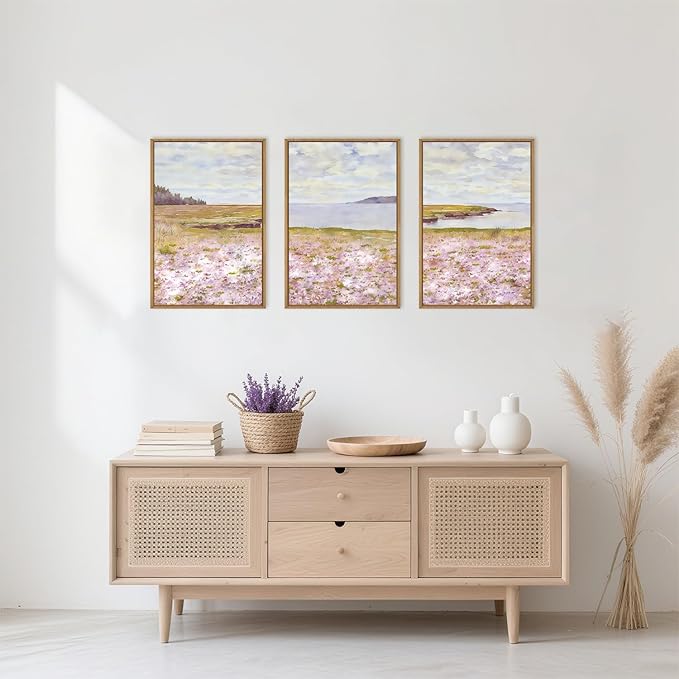HOURIA Pink Wildflower Coastal Landscape Framed Canvas Wall Art Set,Green Meadow Field Wall Decor,Watercolor Beach Wall Painting,Modern Seaside Wall Decor for Living Room, Bedroom, Farmhouse-24"x36"x3