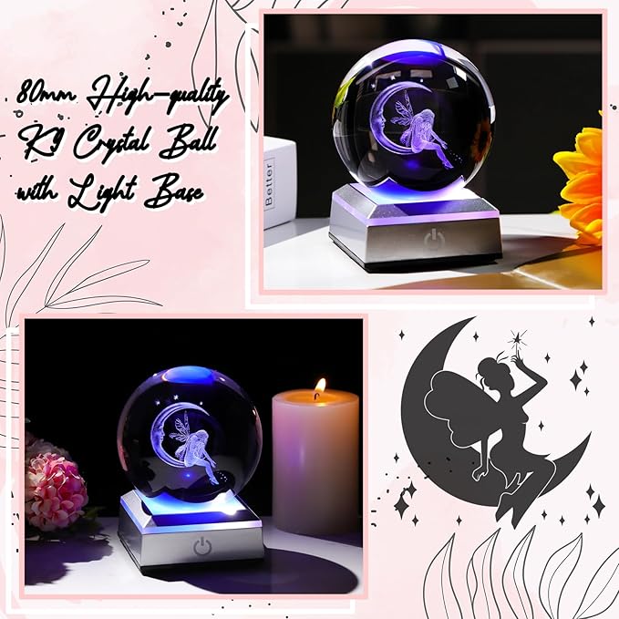 Crystal Ball 3D Engraved Fairy & Moon Gifts for Daughter Wife Glass Sphere with LED Colorful Base 3.15‘’ Gifts Ideas on Birthday Christmas for Women Fairy Lover Home Decor Figurine