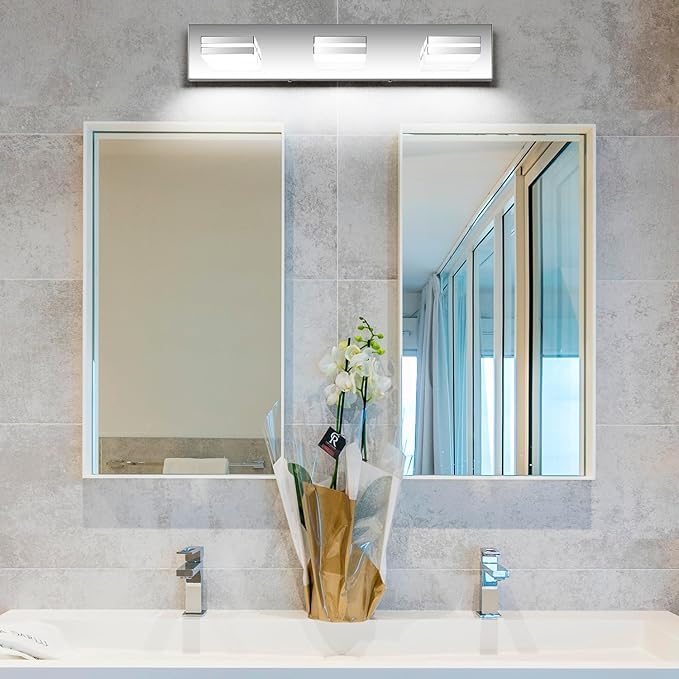 SineRise LED Modern Bathroom Vanity Light Fixtures (3-Light, 24-Inch), Chrome Modern Acrylic Bathroom Wall Lighting Fixtures Over Mirror (Cool White 6000K)