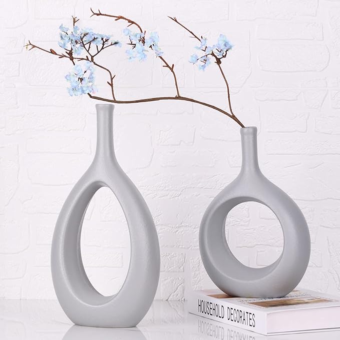 Gray Ceramic Hollow Elliptical Vase Set of 2 - Boho Circle Vase with Hole, for Modern Grey Table Decor, Living Room Decor Shelf mid Century Modern Home Entrance Decorative vase