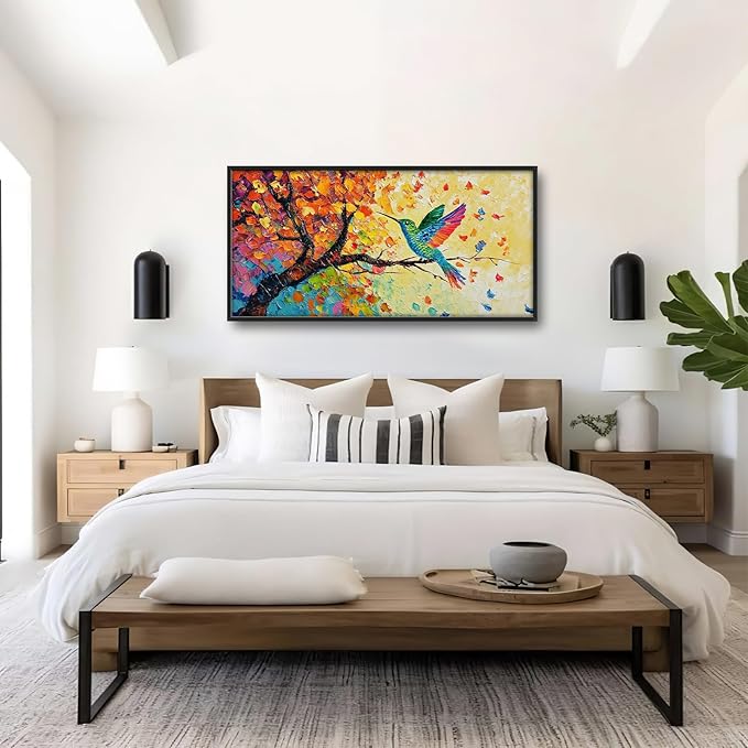 Hummingbird Framed Wall Art for Living Room, Large Bird Canvas Wall Decor, Hummingbirds on Branch Pictures Painting, Modern Artwork for Bathroom Bedroom 60L'' × 30W''