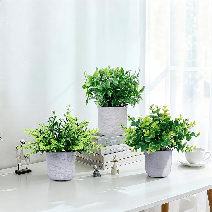 FGSAEOR Mini Potted Fake Plants, Small Artificial Greenery Realistic Plants Topiaries, Low Maintenance, for Home Office Shelf Desk Farmhouse Room Coffee Table Decor (3-Pack) (Green (Round Pot))