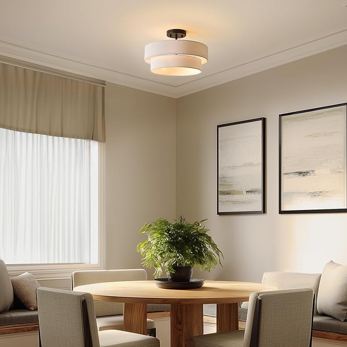 GLOBE Electric 66000138 2-Light Semi-Flush Mount Ceiling Light, Matte Black, 2-Tier, White Linen Shade, Home Improvement, Dining Room, Kitchen