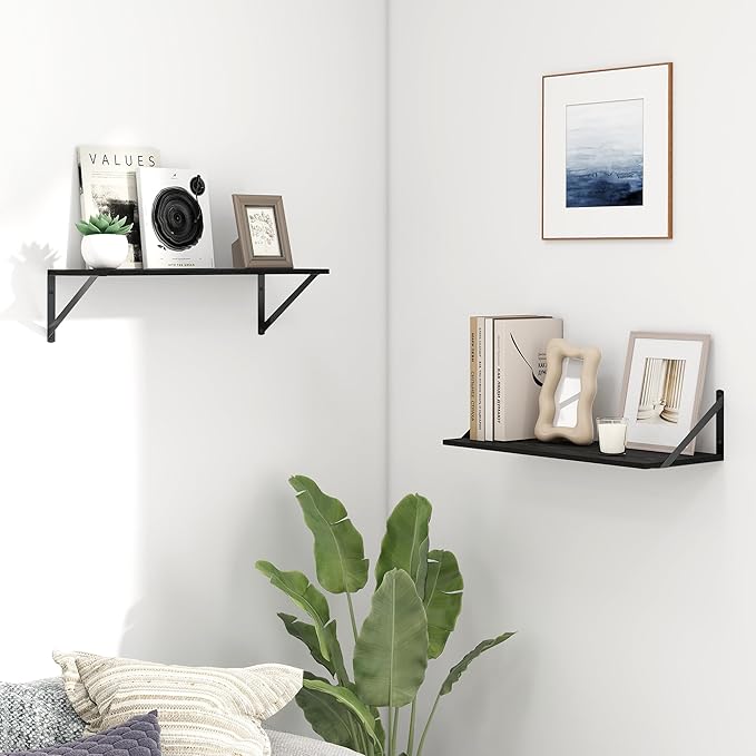 Fun Memories Deep Floating Shelves for Wall, 24W x 8D Wall Mounted Shelves Set of 2, Wide Display Ledge Shelf with Sturdy Metal Brackets for Living Room, Bathroom, Bedroom and Kitchen, Black