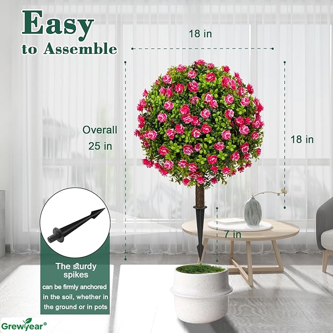 Artificial Red Rose Topiary Ball Trees with Ground Spike Set of 2, Faux Boxwoods for Outdoor Planters, UV Resistant Artificial Outdoor Plants for Porch, Fake Bushes Round Shrub