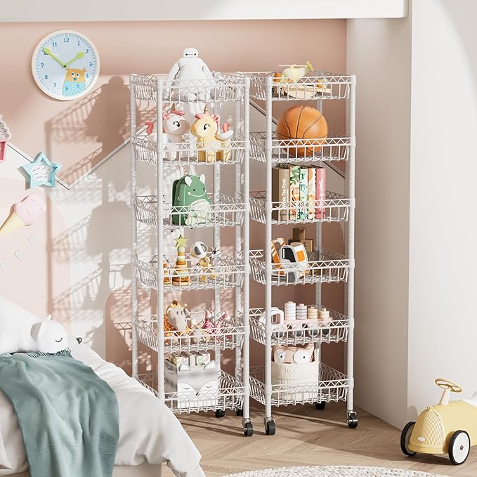 6 Shelves Storage Shelf Wire Closet Bathroom Organizers Metal Pantry Kitchen Garage Shelving Unit Laundry Room Organization Home Rack Net Basket White with Wheels 14" Dx14 Wx64.8 H