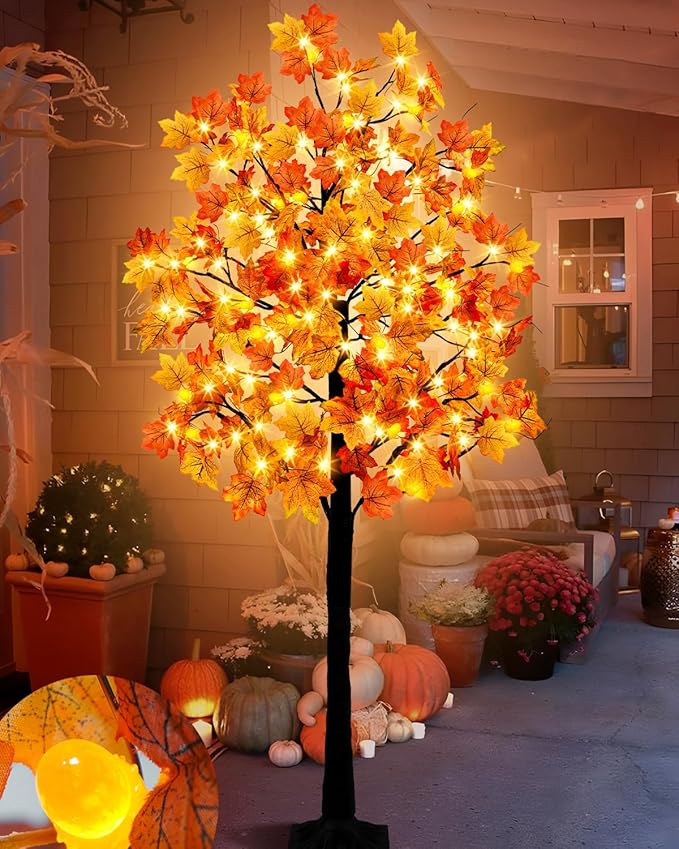 Agusbagli 7FT 128LED Lighted Maple Tree Thanksgiving Decorations with Timer 8 Modes Dimmable Artificial Fall Light Up Tree with 256 Leaves 32 Acorns for Harvest Indoor Outdoor Decor