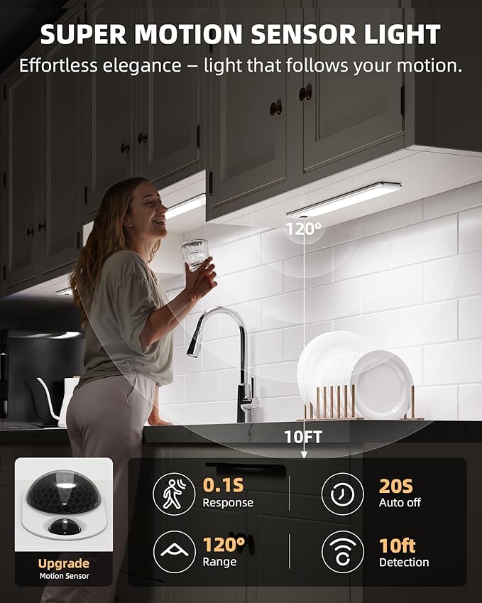 EZVALO 3 Pack Under Cabinet Lighting, Rechargeable Motion Sensor Light, LED Closet Lights Wireless, 5700K Dimmable, Timer, Magnetic, with Remote Control for Kitchen, Closet, Stair