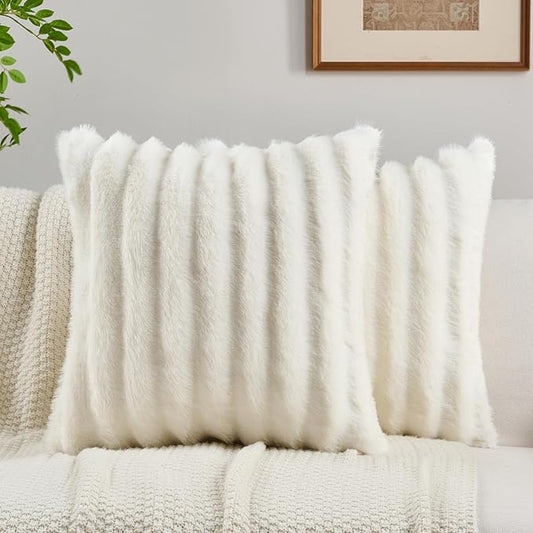 FUTEI Cream White Decorative Throw Pillow Covers 24x24 Inch Set of 2,Soft Fluffy Faux Mink Fur Dyeing Striped Textured European Cushion Case,Modern Home Decor for Couch Bed Living Room