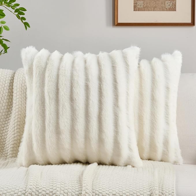 FUTEI Cream White Decorative Throw Pillow Covers 18x18 Inch Set of 2,Soft Fluffy Faux Mink Fur Dyeing Striped Textured Cushion Case,Modern Home Decor for Couch Bed Living Room