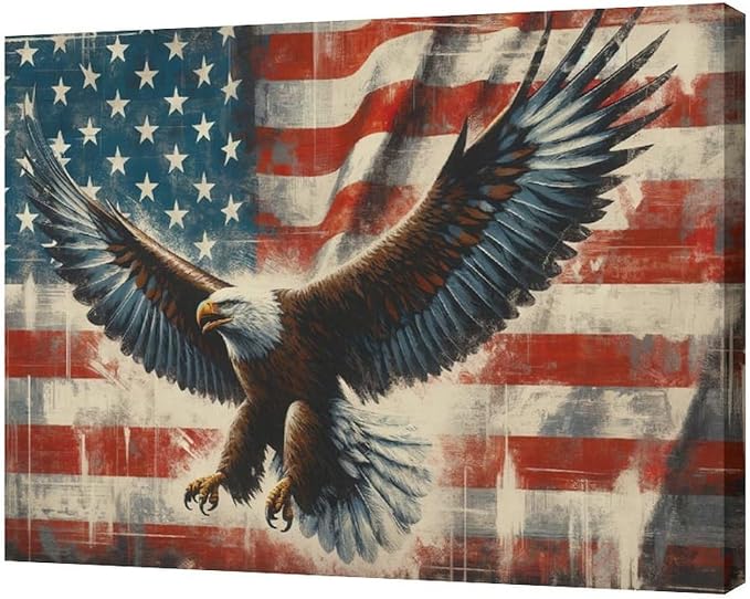 Large Bald Eagle Wall Art American Flag and Eagle Pictures Wall Decor Patriotic Motivational Bedroom Sign Canvas Painting Prints Modern Home Decoration Artworks Framed for Living Room Office 20"x16"
