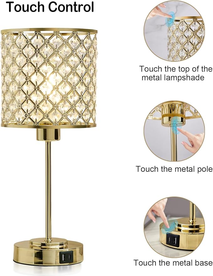 Crystal Touch Control Table Lamp with USB-C+A Charging Ports 3-Way Dimmable Nightstand Lamp Set of 2 Crystal Decorative Bedside Lamps with Gold Elegant Shade for Bedroom Living Room, Bulbs Included
