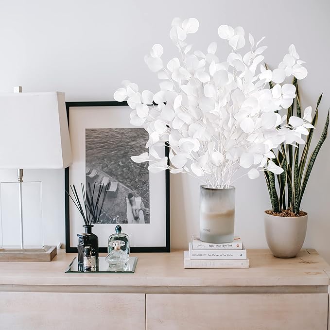 Sggvecsy 6 Pcs Eucalyptus Leaves Artificial Eucalyptus Stems Long Silver Dollar Leaves Faux Leaf Branches Fake Silk Eucalyptus for Spring Summer Home Festival Thanksgiving Christmas Decor (White)