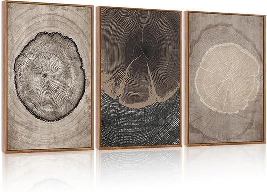 CHDITB Beige Tree Ring Framed Canvas Wall Art Set, Modern Wood Stump Wall Decor, Abstract Black and White Wall Painting, Neutral Nature Art Print for Living Room, Bedroom, Office - 16"x24"x3