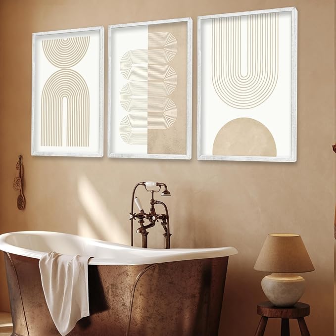 Wall Art Set of 3 Geometric Beige Spiral Wave 16"x11" Wooden Framed Mid Century Organic Abstract Neutral Sign Prints Nordic Boho Office Living Room Master Bedroom Wall Hang Decor (White)