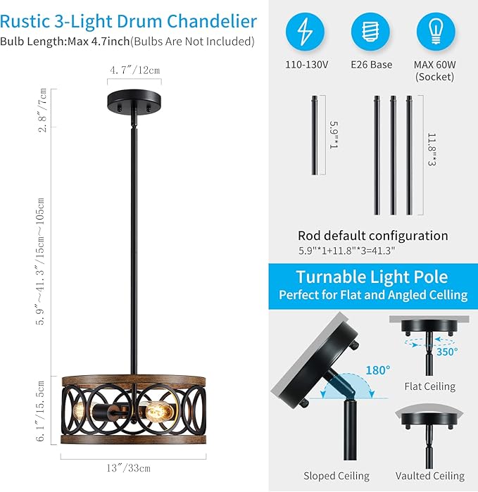 XINGQI Farmhouse Drum Pendant Light Modern 3-Light 13" Chandeliers for Dining Room, Vintage Retro Metal Hanging Light Fixtures for Entryway, Bedroom, Matte Black + Wood Grain Finish