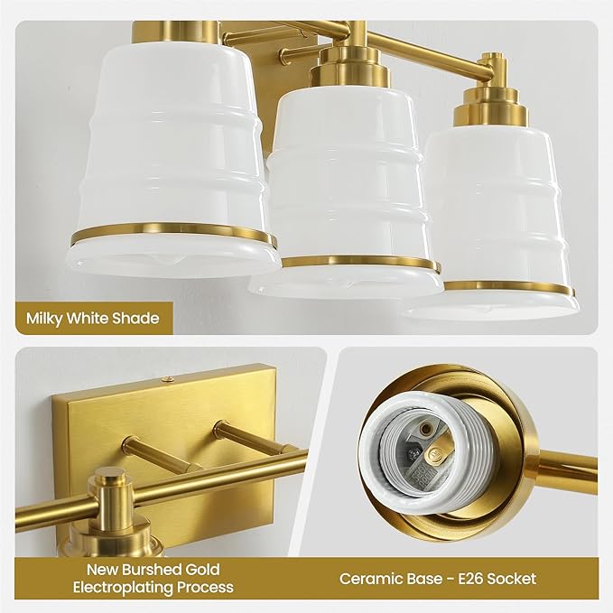 Gold Bathroom Vanity Light Fixture, 3 Light Bathroom Light Fixtures Over Mirror with Milky White Glass and Metal Base Wall Sconce, 21.3inch Modern Vanity Light for Bathroom(Exclude E26 Bulb)
