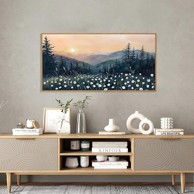 KAIRNE Large Mountain Landscape Wall Art, Watercolor Forest and Misty Pine Tree Canvas Print, Nature Scenery Artwork for Living Room Bedroom Office Decor, Rustic Wood Frame Ready to Hang, 20x40inch