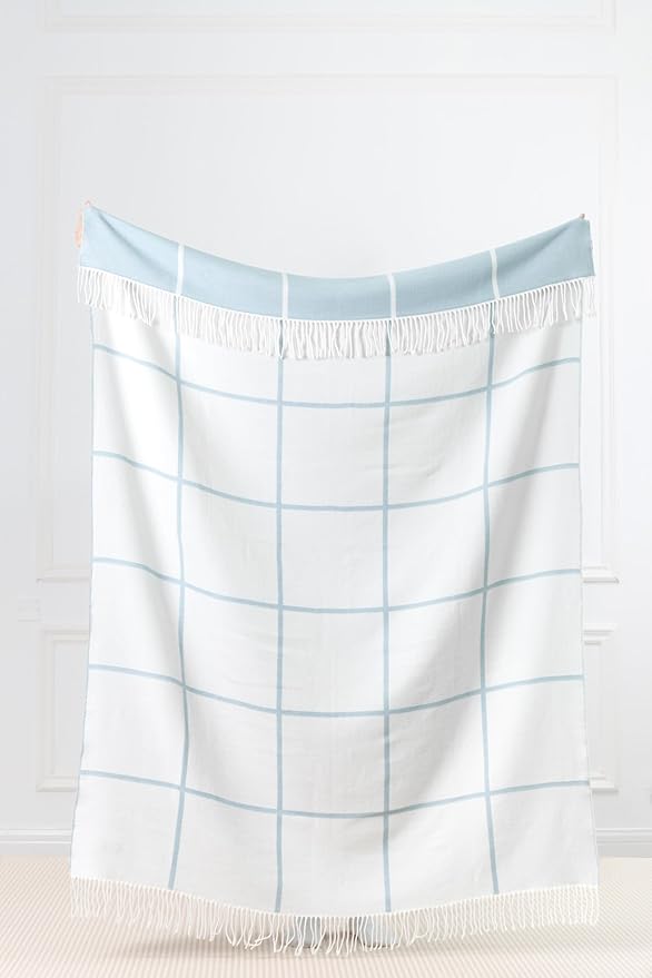 Hofdeco Premium Coastal Decorative Throw Blanket for Patio Couch Sofa, Baby Blue Plaid with Fringe, 52"x71"