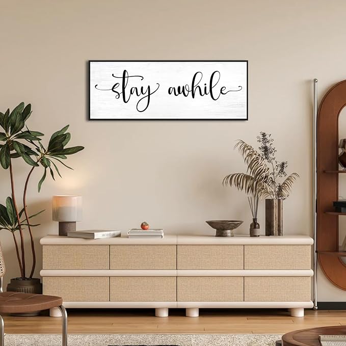 Stay Awhile Sign Wall Decor: 32''×12'' Farmhouse Wall Art Rustic Canvas Print Wall Signs, Large Black Framed Hanging Plaque Home Decor for Kitchen Dining Room Living Room Hallway Entryway