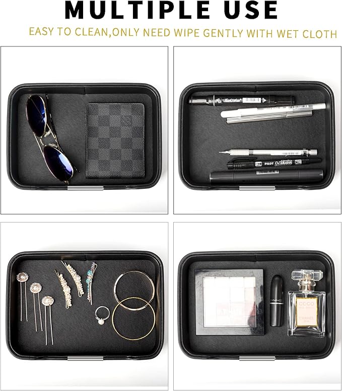 SANZIE Luxury Leather Tray Desktop Storage Catchall Organizer Decorative Tray for Entryway Table to Hold Jewelry Watch Keys Phone Wallet (Metal Silvered, Black)