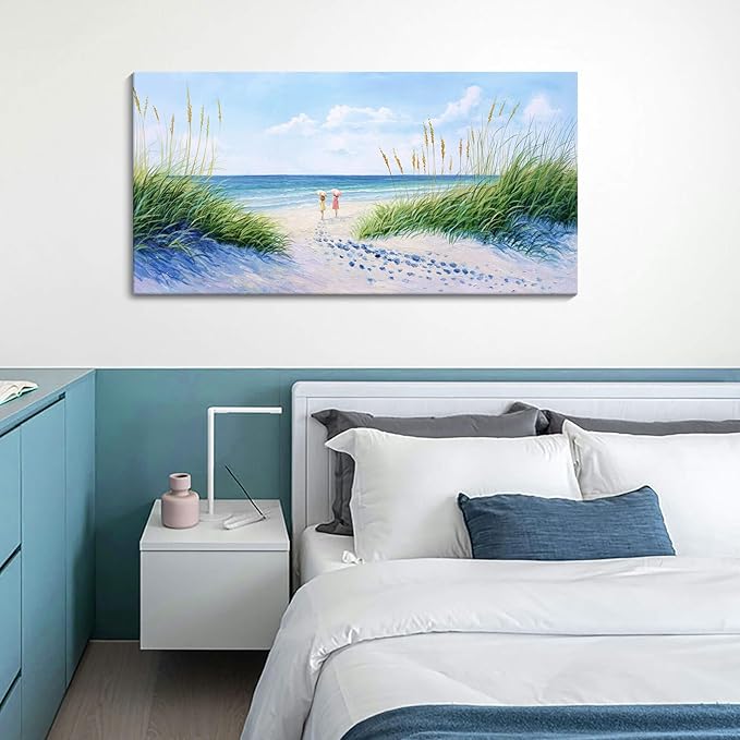 YCPRIMER Coastal Wall Art - Large Landscape Wall Art for Living Room, Bedroom Pictures, Ocean Beach Artwork, Blue Wall Art, Above Bed Decor, Coastal Landscape Wall Art,Framed Beach Pinting 24×48IN