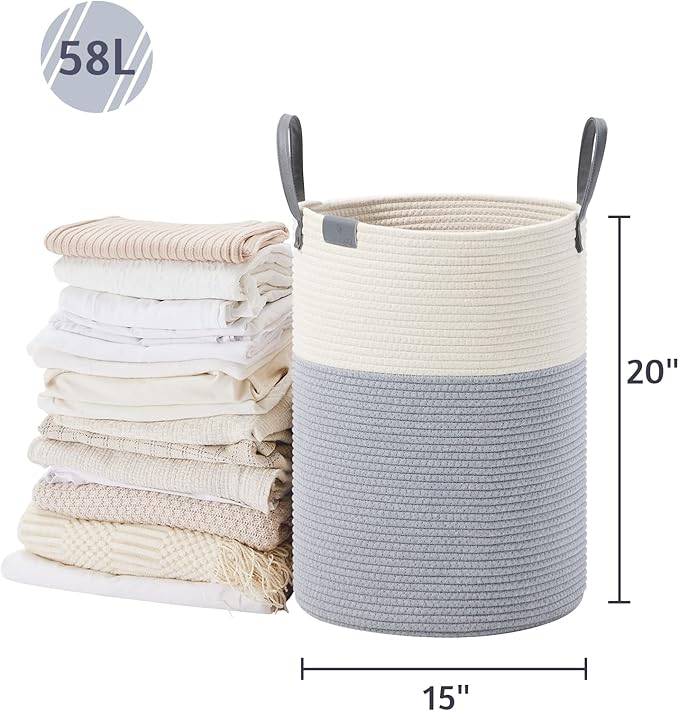 VIPOSCO Tall Laundry Basket, Large Dirty Clothes Hamper with Leather Handle, Woven Rope Storage Basket for Blanket, Toy In Living Room, Bathroom, Bedroom - 58L Grey & White