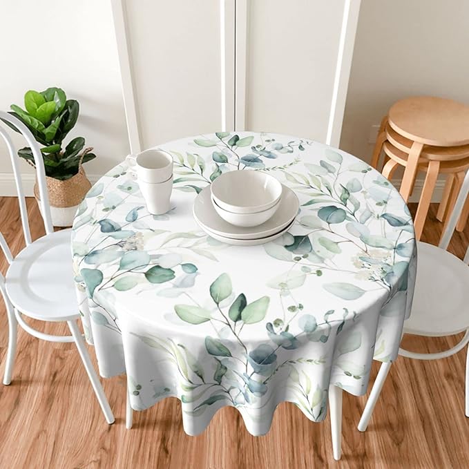Kawani Spring Summer Leaf Floral Sage Green Tablecloth Round 60 Inch Ruitic Watercolor Table Cloth Waterproof Fabric Farmhouse Green Grey Leaves Tablecloths Decorative for Holiday Home Party
