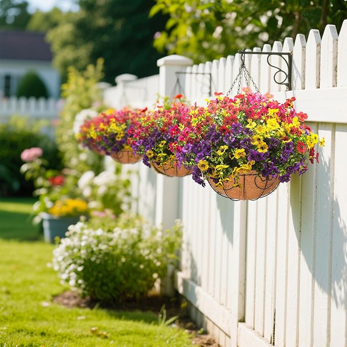 Artificial Hanging Flowers Basket with Colorful Silk Daisies & Eucalyptus - UV/Sun-Resistant Plant for Outdoor Porch, Patio, Balcony - Indoor/Outdoor Home Decor