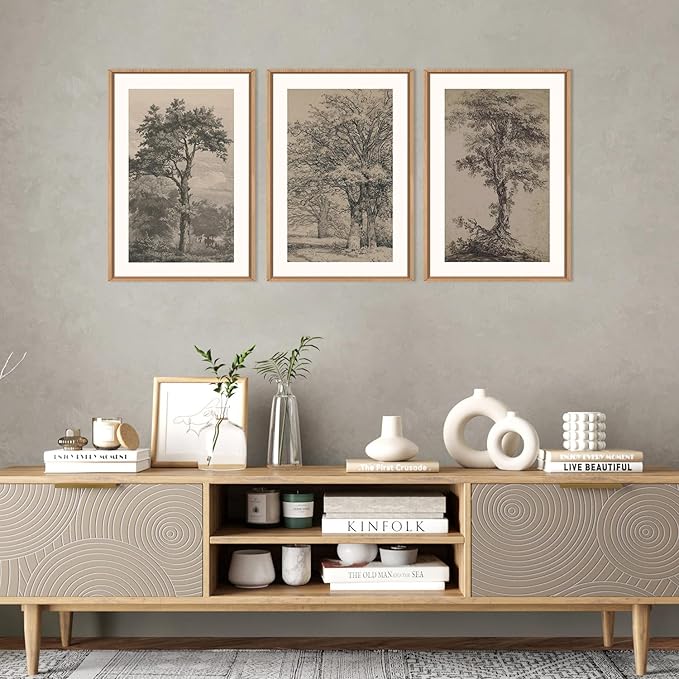 KAIRNE Vintage Tree Sketch Wall Art Set, Antique Tree Drawings Wall Decor, Nature Sketch Wall Painting, Framed Botanical Canvas Art Prints for Living Room, Bedroom, Dinning Room, Farmhouse - 16"x24"x3