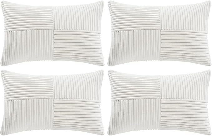 Fancy Homi 4 Packs Cream White Lumbar Decorative Throw Pillow Covers 12x20 Inch for Couch Bed Sofa, Rustic Farmhouse Boho Home Decor, Soft Striped Corduroy Rectangle Accent Cushion Case 30x50 cm