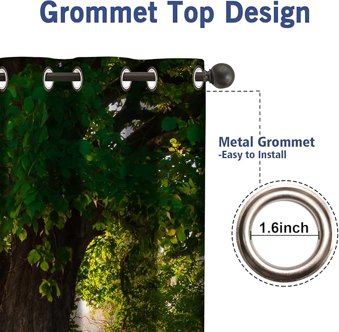 Jekeno Oak Tree Forest Blackout Curtains Jungle Nature Landscape Foggy Scenery Stream View Print Tree Decor for Bedroom Living Room Grommet Window Drapes 2 Panel Set, 42"x54"