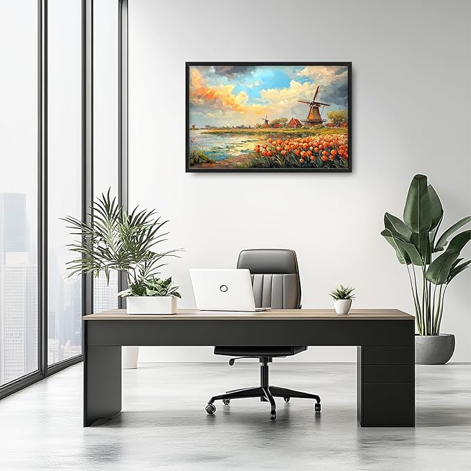 Landscape Framed Wall Art for Living Room, Large Tulips Canvas Wall Decor, Vintage Florals Pictures Painting, Farmhouse Artwork for Bathroom Bedroom 36L'' × 24W''