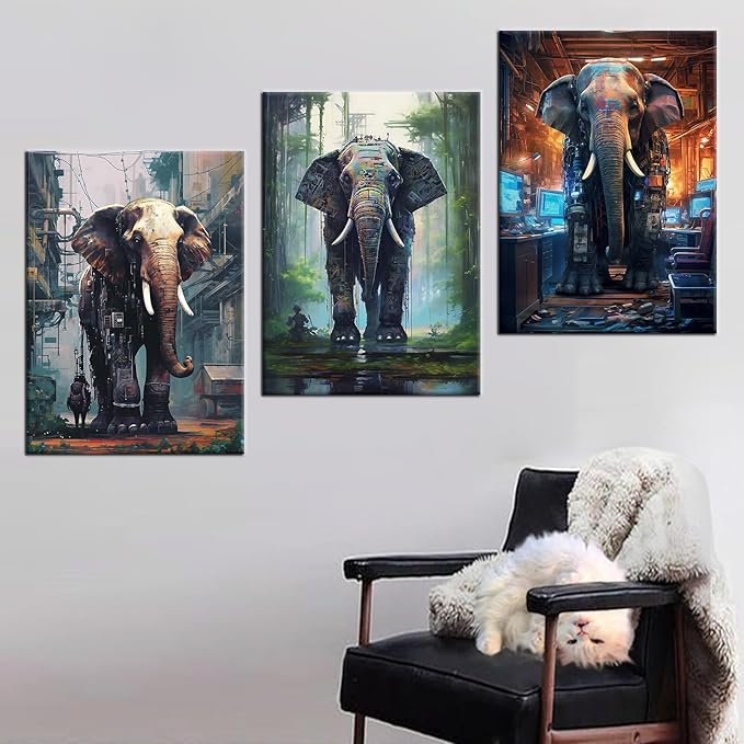 Abstract Elephants Wall Art Cyberpunk Giant Machine Animal Posters Print on Canvas Modern Sci-Fi Theme Picture Painting Wall Decor Artwork for Living Room Gym Office Ready to Hang [60''W x 28''H]