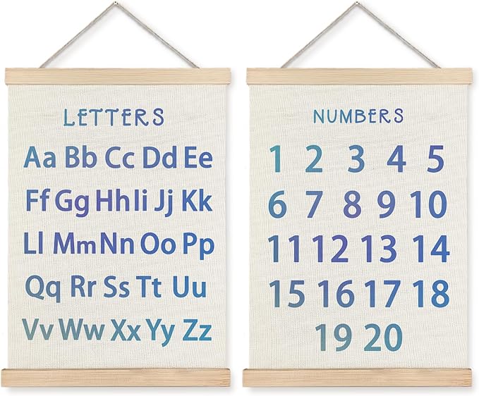 Supwhd Classroom Wall Decor, Numbers and Alphabet Educational Wall Art Poster, Alphabet ABC Numbers from 1 to 20 Poster Wall Decor for Toddler Kids Room Playroom Classroom, 12x16 Set of 2（Blue）
