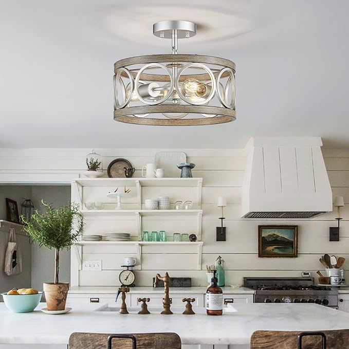 XINGQI 13" Modern 3-Light Brushed Nickel Rustic Semi Flush Mount Ceiling Light Fixture Wood Grain Metal Round Lamp for Kitchen Dining Room Bedroom Entryway