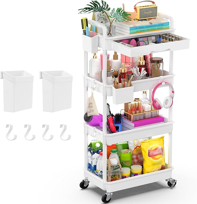 Goovilla 4 Tier Rolling Utility Cart Organizer with Removable Drawer, Stable and Sturdy White Rolling Storage Carts with 2 Lockable Wheels for Bathroom, Kitchen, Snack, Craft, Makeup, Baby Essentials