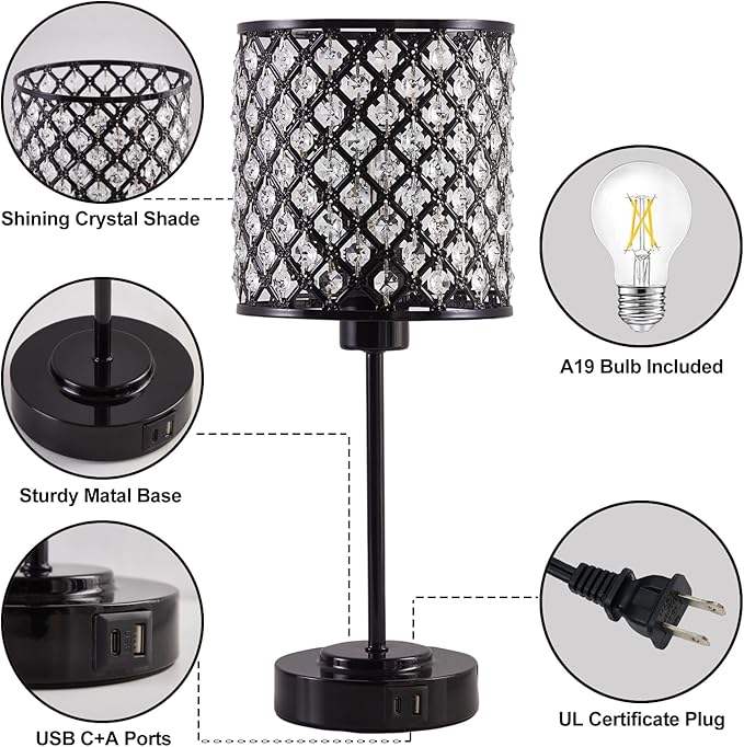 Touch Control Crystal Table Lamp Set of 2, Black Bedside Nightstand Lamps with USB-C+A Charging Ports 3-Way Dimmable Crystal Decorative Desk Lamp for Bedroom Guest Room Living Room, Bulbs Included