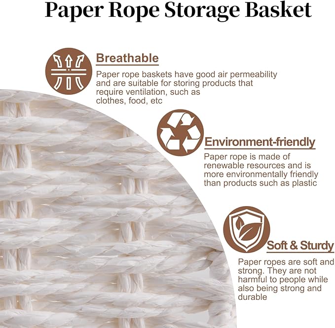 OIAHOMY Wicker Baskets, Paper Rope Storage Baskets for Organizing with Built-in Handles, 2 Packs-Brown