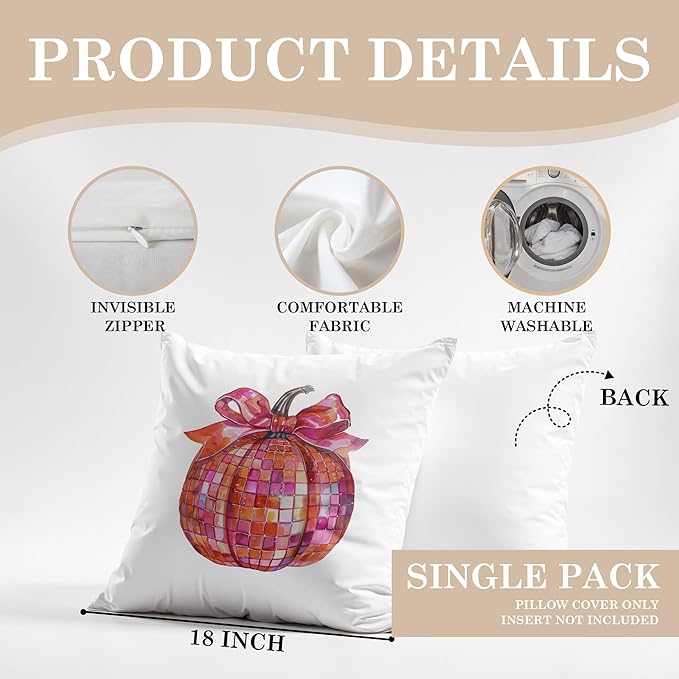 Coquette Pink Bow Disco Ball Pumpkin Fall Pillow Covers 18x18, Preppy Fall Decor, Funky Y2K Girly Pumpkin Autumn Decorative Throw Pillow Covers for Girls Room Dorm Home Bedroom Living Room