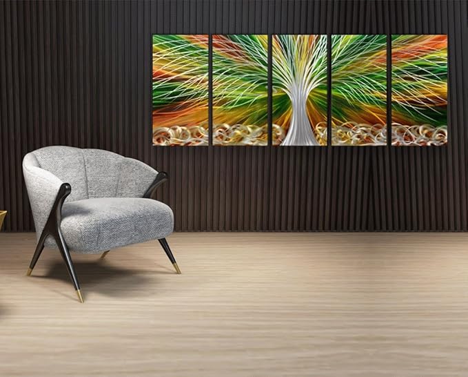Yihui Arts Abstract Metal Wall Art - Tree Of Life Hand Crafted 5 Pieces Panels Large Big Unique 3D Aluminum Modern Contemporary Home Accent