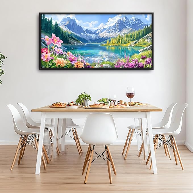 Extra Large Framed Mountain Lake Wall Art,Colorful Wild Flower Wall Decor,Mountain Forest Landscape Pictures for Living Room,Canvas Print Painting Modern Artwork Bedroom Office Bathroom 60L x30W