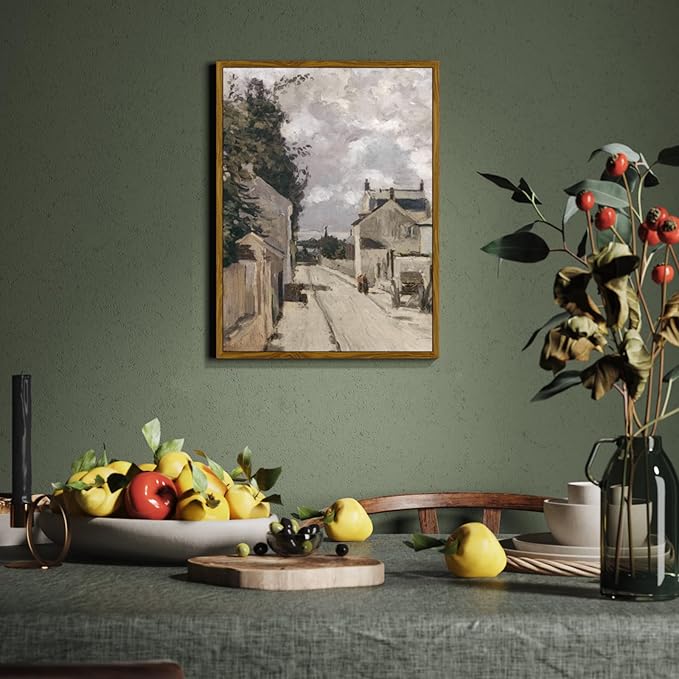 crmotu Framed Canvas Wall Art, Country Street Landscape Art Prints, Old Architecture Vintage Decor Pictures, Retro Scenery Wall Paintings for Living Room Bedroom Kitchen Rustic Farmhouse Decor 12x16in