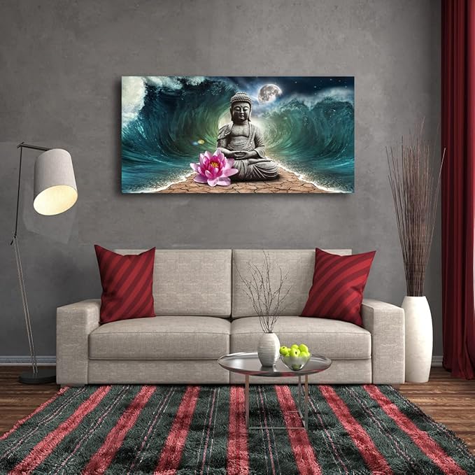 Canvas Wall Art Buddha Pictures Home Decor Grey Zen in The Background of Moon and Waves Poster Prints Painting for Living Room Bedroom Bathroom Kitchen Office Decoration Hindu Artwork 24x48 Inches