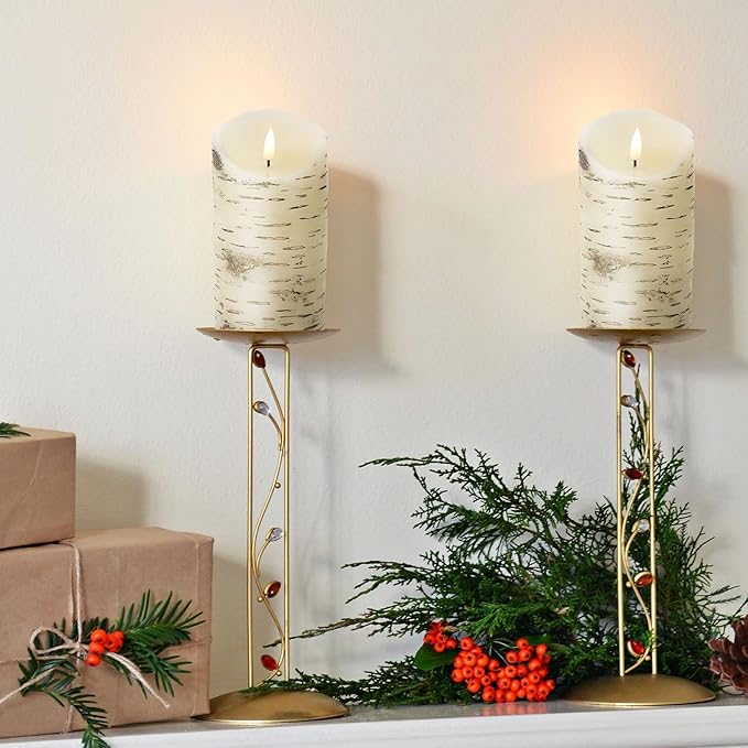 Eywamage Birch Bark Flameless Pillar Candles with Remote, Flickering Rustic Battery LED Wood Candles Set of 3