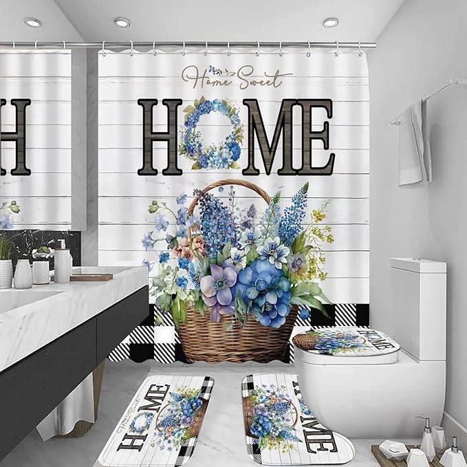 FZDHHY Blue Flower Shower Curtain Set Home Sweet Home Bathroom Sets Rustic Shower Curtain with Rugs,Bathroom Shower Curtain Set with Carpet Bath Mat Toilet Rugs