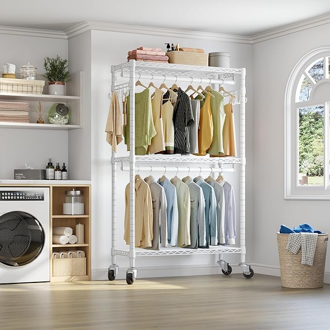 VIPEK R2 Heavy Duty Rolling Garment Rack 3 Tiers Adjustable Clothes Racks with Double Rods & Hooks, Freestanding Wardrobe Closet Storage Rack Metal Clothing Racks for Hanging Clothes, White