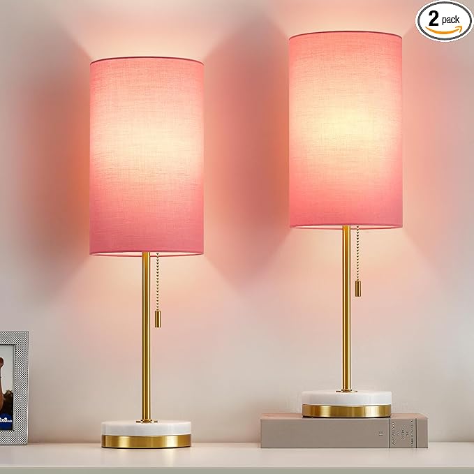 Luvkczc Minimalist Table Lamp Set of 2, Nightstand Lamp for Bedroom Living Room, Modern Pull Chain Bedside Lamp with Marble Base, Fabric Shade, Small Desk Lamp for Home, Office, Reading,Pink